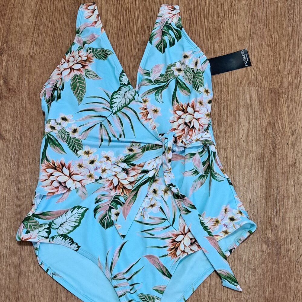 Palisades Beach Club Floral Wrap Front Wrap One Piece Swimsuit Size Large NWT